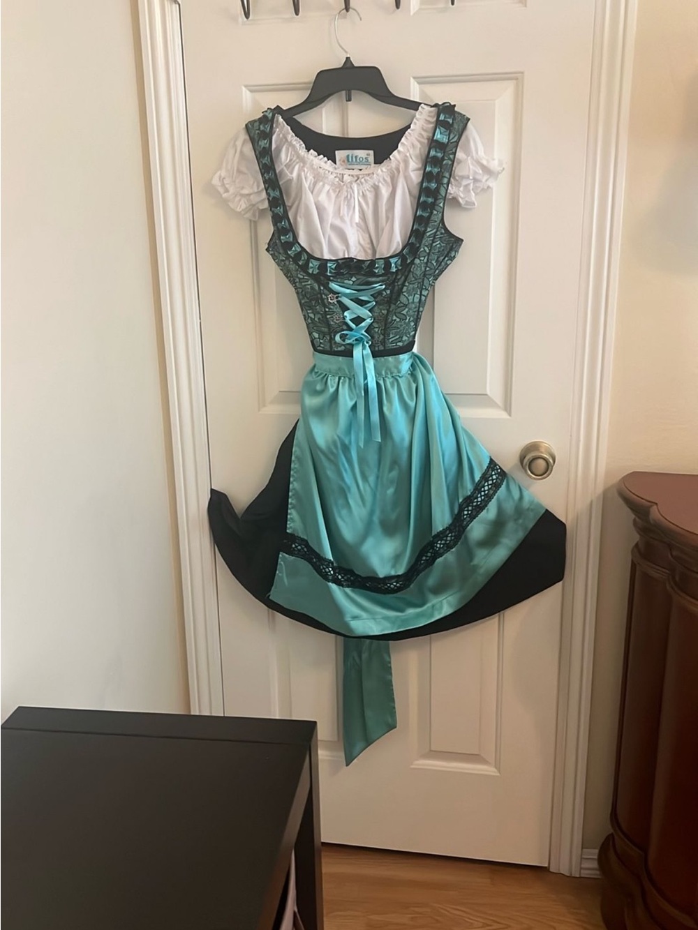 Traditional Teal and Black Dirndl Dress with White Blouse